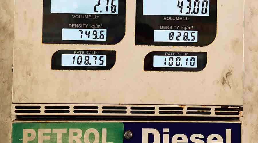 The price of diesel — more than Rs 100 per litre — displayed on the screen of a pump on Diamond Harbour Road  on Thursday. 