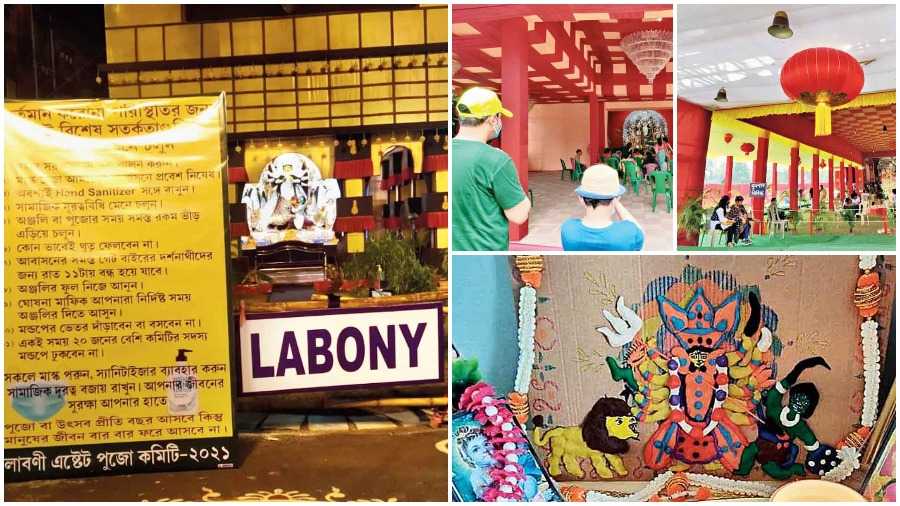 (Clockwise from left) A Covid advisory at the entrance of the Labony pandal. The spacious BJ Block pandal making visitors take a walk along a barricaded route. Socially distanced seating at GC Block. A Durga image moulded at the author’s UK home during Puja 2020 with soft dough bought online. 