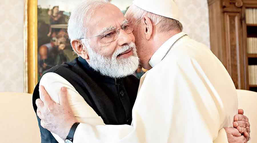 Twitter image posted by Prime Minister Narendra Modi on Saturday shows him with Pope Francis in Vatican City. 