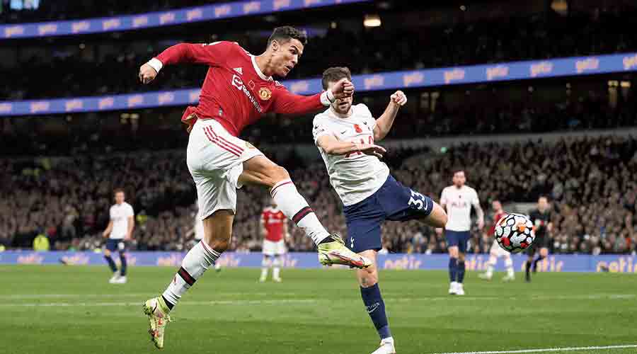 Cristiano Ronaldo scores Manchester United’s first goal against Tottenham Hotspur on Saturday.