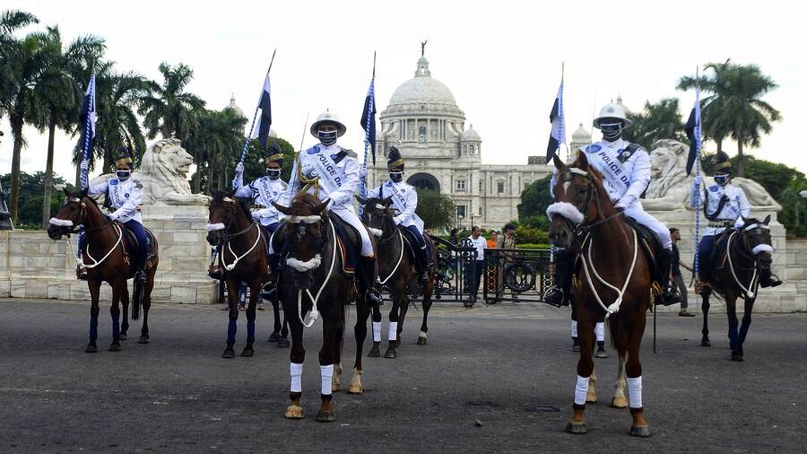 PICTURE PERFECT: Kolkata Mounted Police in full regalia in front of the majestic Victoria Memorial Hall to mark the end of the Police Day parade