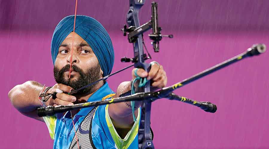Archer Harvinder Singh in the men’s individual recurve semi-final during the Tokyo 2020 Paralympic Games on Friday. 