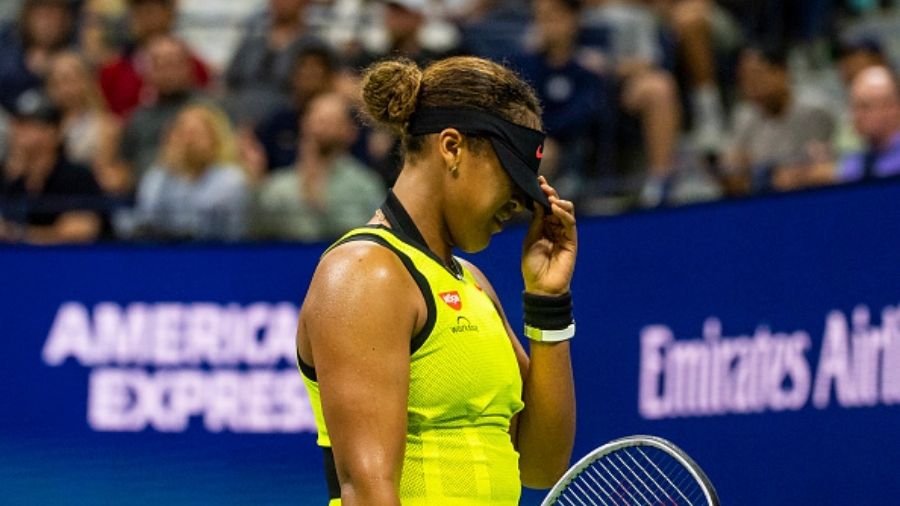 Naomi Osaka of Japan looks dejected during her match against Leylah Fernandez of Canada in the third round of the women's singles at the US Open at the USTA Billie Jean King National Tennis Center on Friday.