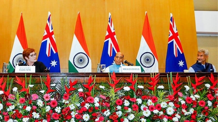 Indian and Australian ministers after the 2+2 dialogues in New Delhi on Saturday.