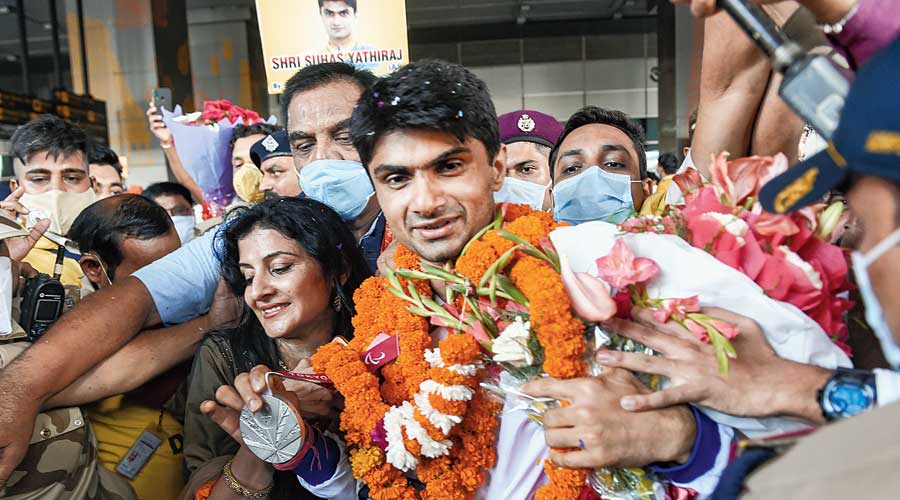 Tokyo Paralympic silver medallist Suhas Yathiraj on  arrival at the Delhi airport earlier this month