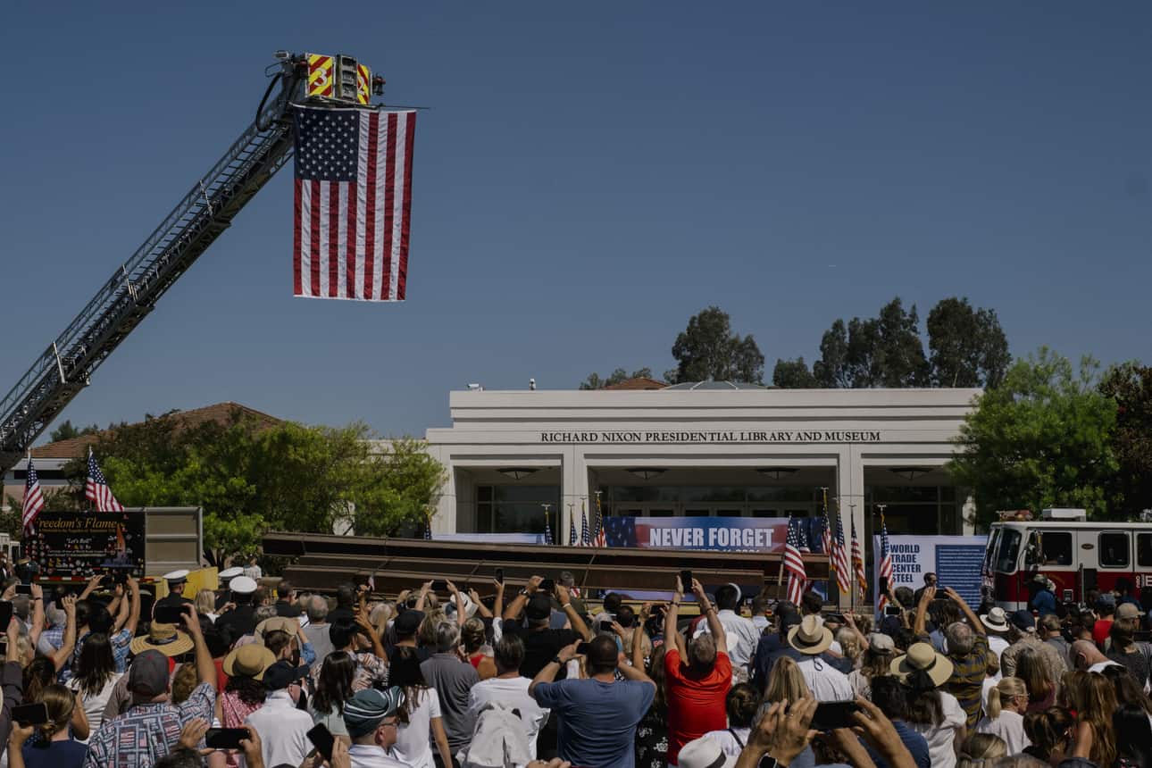Steel beams from the World Trade Center were brought to a memorial event on the 20th anniversary of the Sept. 11 attacks, at the Richard Nixon Presidential Library in Yorba Linda, California, Saturday.