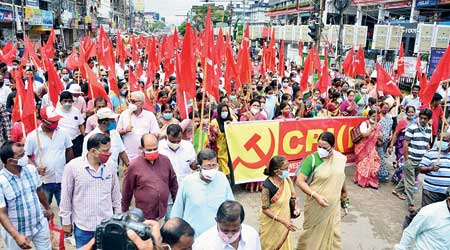 The CPM protest rally in Agartala on Thursday against Wednesday’s attack on its offices and members in Tripura