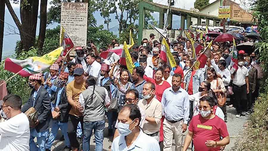 Supporters of the Bharatiya Gorkha Prajatantrik Morcha, the new party floated by Anit Thapa,  in Kurseong on Sunday. 