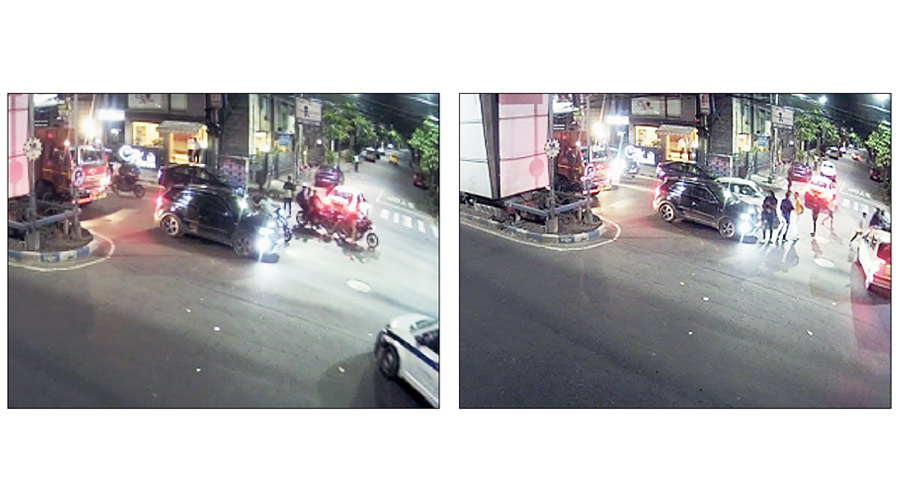 CCTV footage shows three bikes stopping around the Hyundai Creta on AJC Bose Road on Sunday night; (right) The footage shows Pankaj Singh grabbing his chest and walking back to the car after he was shot at