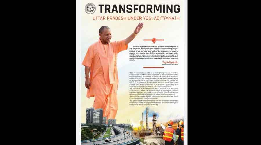 The advertisement titled 'Transforming Uttar Pradesh under Yogi Adityanath' showed an image of a flyover painted in blue-and-white colours synonymous with the TMC government.
