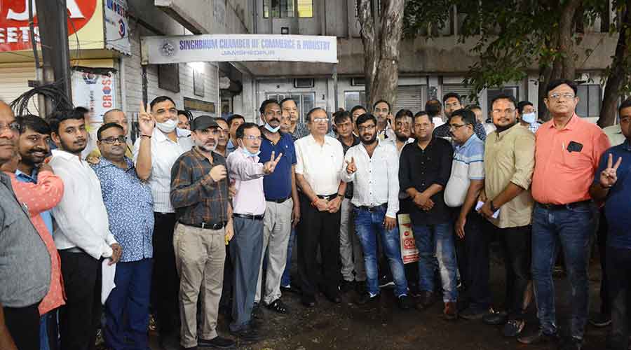 The members of the Singhbhum Chamber of Commerce and Industry outside the Chamber Bhavan after filing of nomination on Saturday evening.