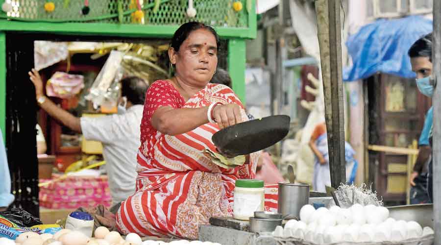 Nandarani Maity at her stall at the entrance to the main Kumartuli lane.