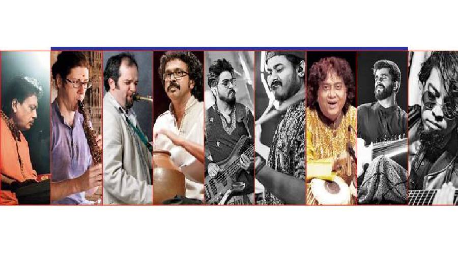 (L-R)  Subhas Mondal (keyboards), Jonathan Kay (saxophone), Jesse Bannister (saxophone), Somnath Roy (ghatam and kanjira), Bachospati Chakraborty  (bass), Sambit Chatterjee (drums), Subhen Chatterjee  (tabla), Pratik Shrivastava (sarod) and Suvam Moitra (electric guitar)  are featured in Samsara