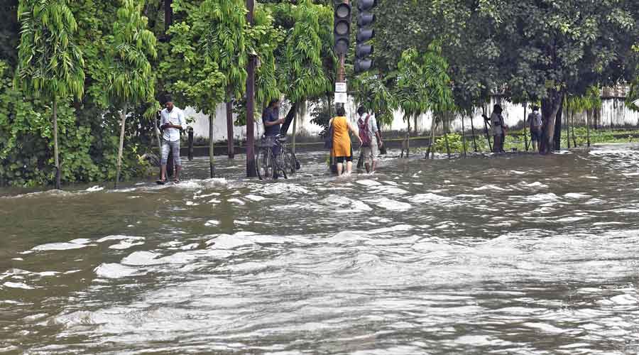 A waterlogged stretch of  VIP Road near the Haldiram’s crossing. 