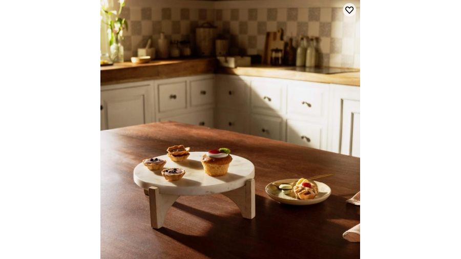 White Marble Cake Stand With Wooden Base at Ellementry