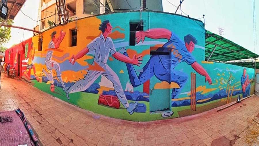 His second mural at the venue traced a cricketer's journey from the streets to the stadium. 