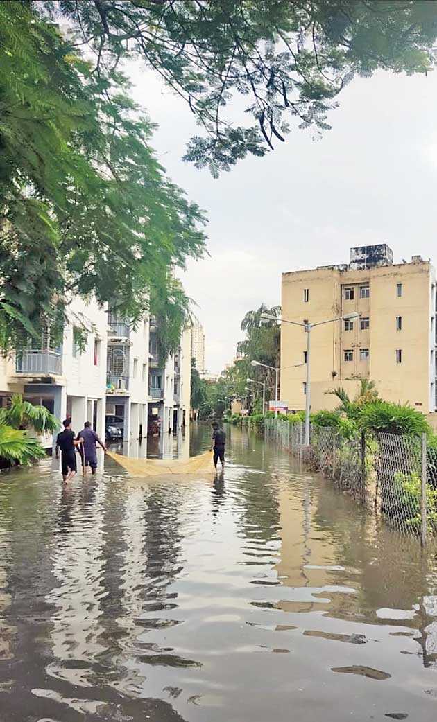 Net cast for fishing inside a flooded Sukhobristi on Wednesday