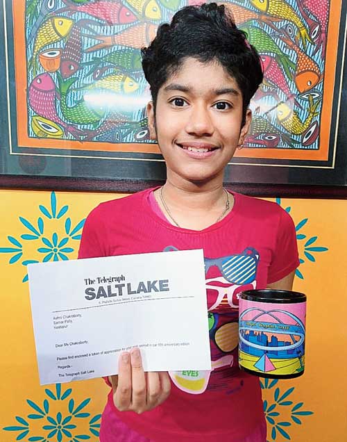 Ashni Chakraborty, with a coffee mug gifted by The Telegraph Salt Lake, courtesy Kesowa, a local drone tech start-up. Our 12-year-old reader from Kestopur had wished us on our anniversary with a wonderful illustration.  Keep reading The Telegraph Salt Lake for such surprises