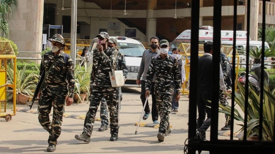 Security personnel outside Rohini court on Friday.