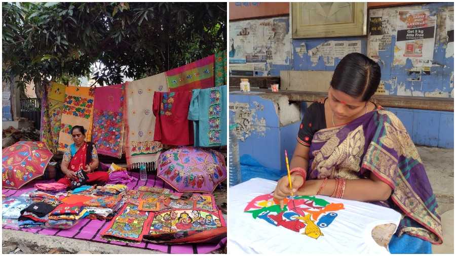 Art mart: (L-R) An artisan with her wares, Sonia Chitrakar paints a T-shirt at a bus stop on Dum Dum Road 