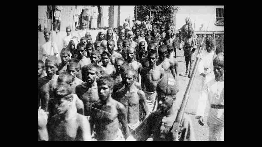 Mappila (Moplah rebels) captured after a battle with British colonial troops, during 1921-22 Mappila Uprising