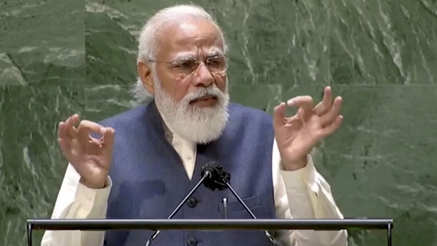 Prime Minister Narendra Modi addresses the 76th session of the United Nations General Assembly in New York, September, 25, 2021.
