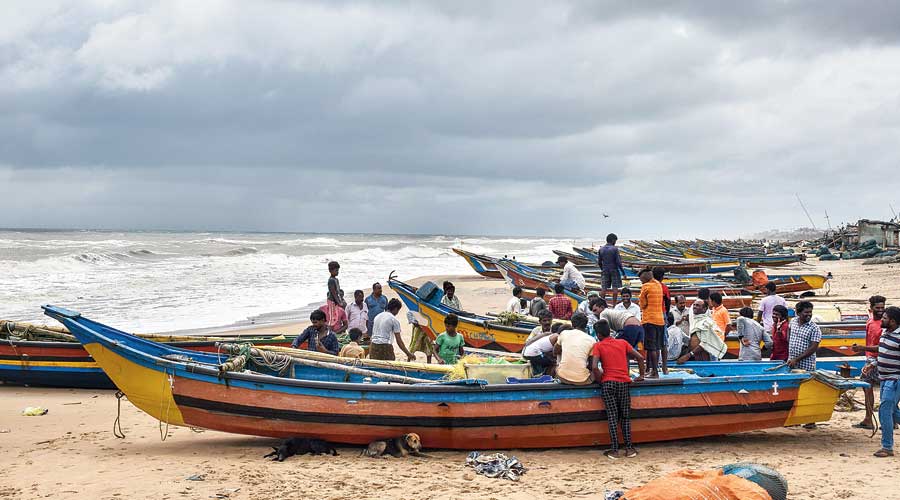 Fishing boats anchored on Puri beach