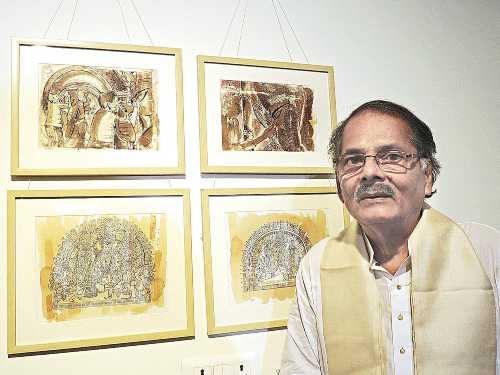 Artist Prabir Krishna Deb, a seventh-generation descendant of Raja Nabakrishna Deb, at the exhibition. 