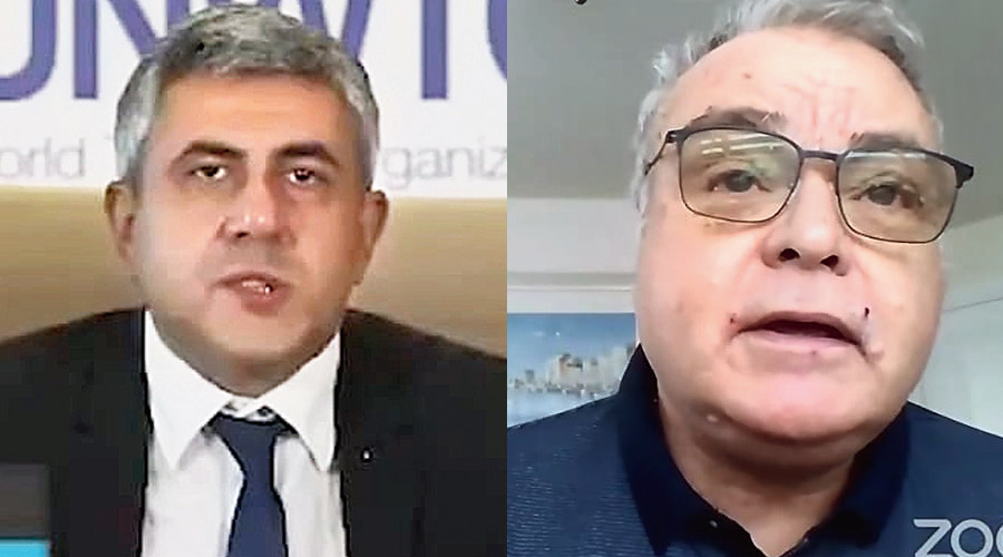 Zurab Pololikashvili, secretary general of the United Nations World Tourism Organisation, and (right) David Foskett, hospitality lecturer and author from London, speak at the online programme on Monday.