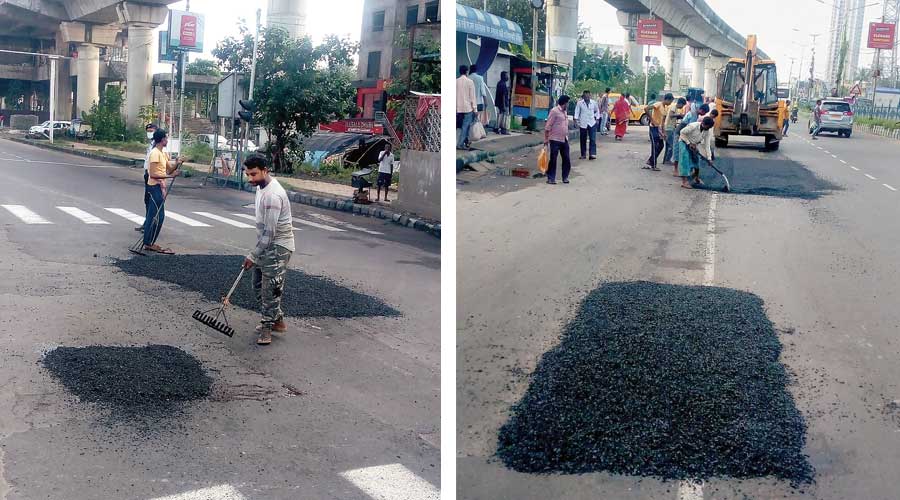 Patchwork repairs of the pothole-ridden EM Bypass began late on Sunday on the stretch between Ruby hospital and Ambedkar bridge, which stands over a canal near Science City. Repair of the remaining stretch will be taken up in the next few days, engineers said.