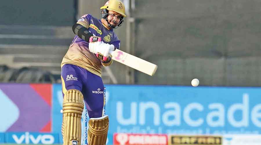 Sunil Narine, who starred for Kolkata Knight Riders with both the ball and bat, during his 10-ball 21 against Delhi Capitals in Sharjah on Tuesday. 