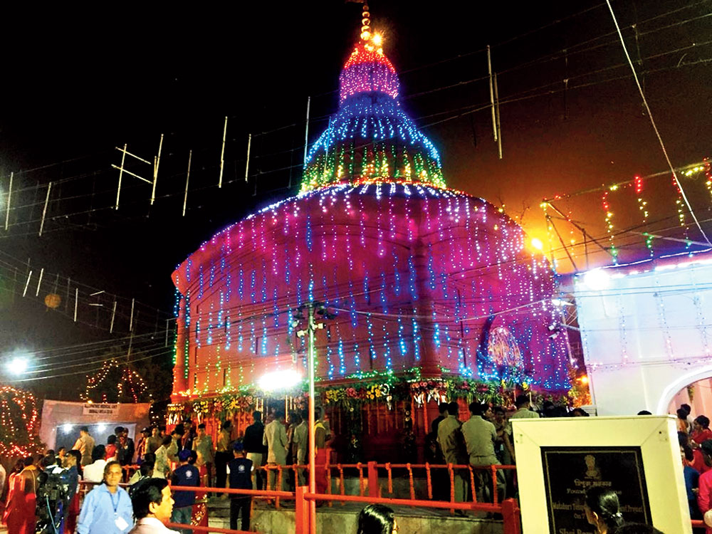 The illuminated Mata Tripurasundari temple on Tuesday night