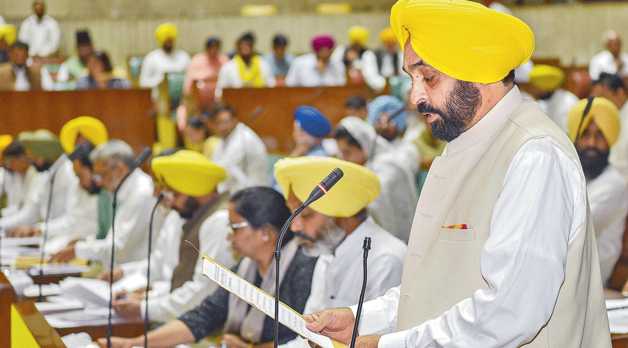 Punjab chief minister Bhagwant Mann speaks during the special sitting of the first session of the Assembly in Chandigarh on Friday.