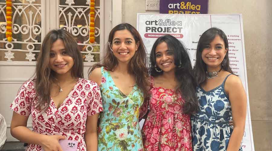 (L-R) Sreenanda Ganguli, Disha Das, Sanandita Ghanty (a member of the curation team) and Sayanika Mukherjee