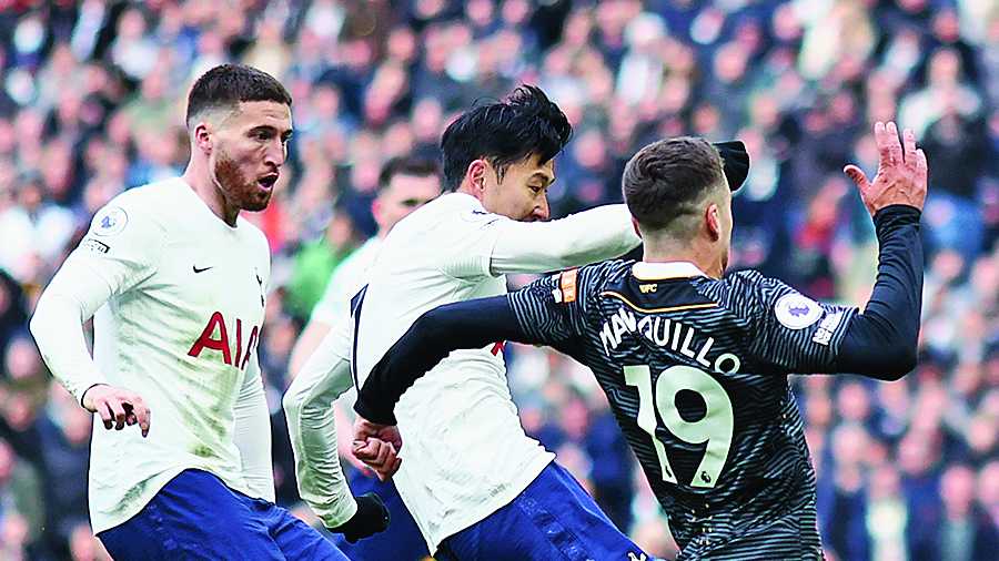 Heung-Min Son scores Tottenham’s third goal against Newcastle in London on Sunday.