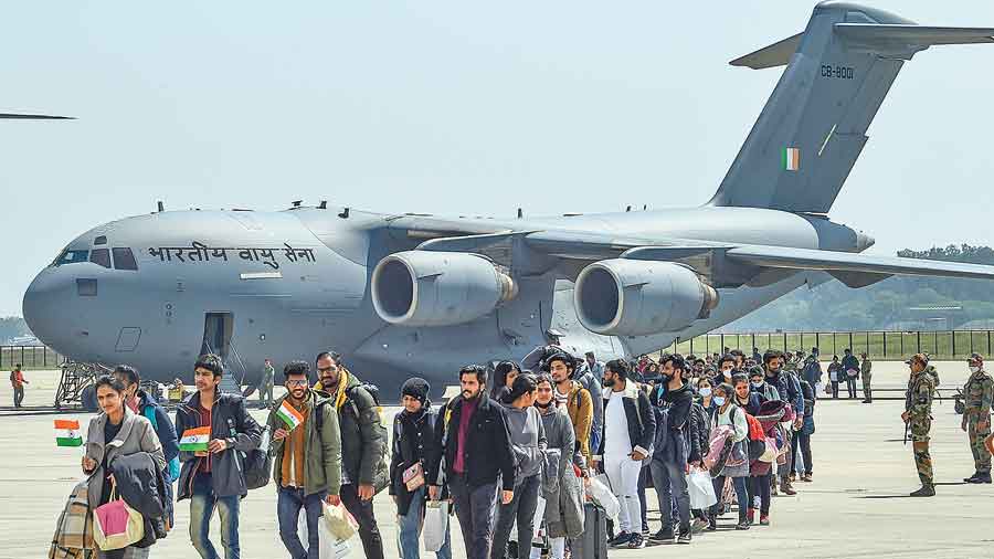 Indian students evacuated from war-hit Ukraine arrive in Ghaziabad on March 11. 