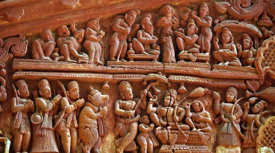 A terracotta panel depicting the court of Ravana at the Lakshmi Janardan Temple, Surul