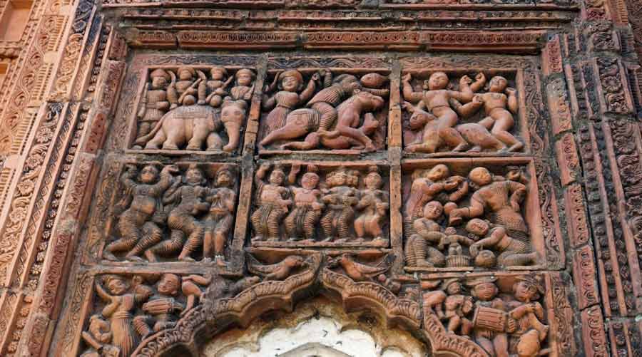 Among the terracotta figurines in the Rekha Deul temples at Surul, one can see some depicting as dressed in European attire