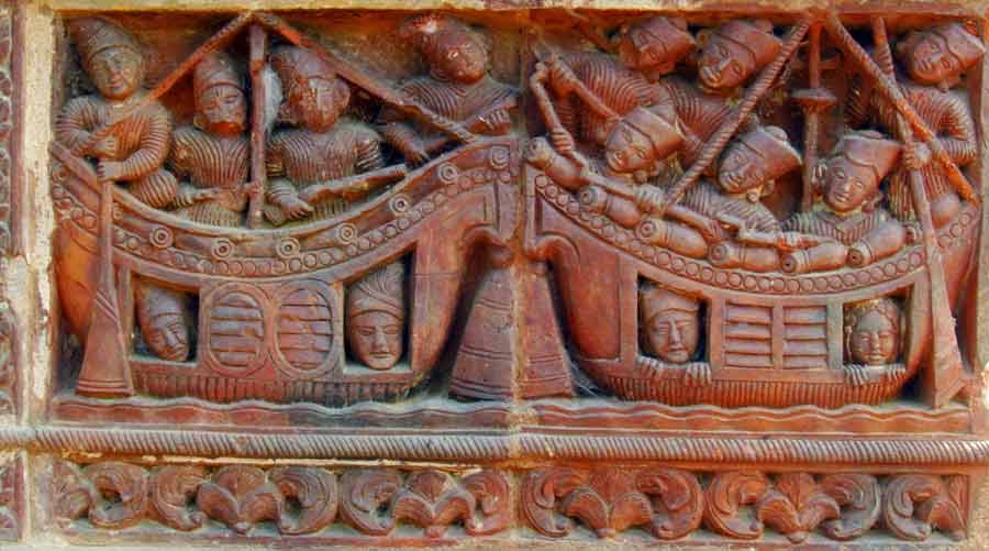 A naval war scene etched on a terracotta panel at the Jora Bangla Kali Temple in Itonda