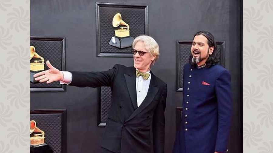 Ricky Kej and Stewart Copeland on the red carpet (left) and during the ceremony