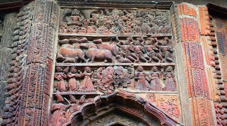 The ‘Goshtho Leela’ of Krishna in terracotta on the Gouranga Mahaprabhu Temple in Illambazar