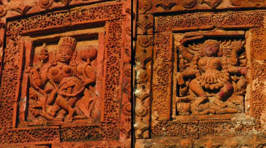 The temple’s large terracotta panels, like these with figurines of goddesses (left) Saraswati and (right) Kali, show the artistic style of the 16th and 17th centuries