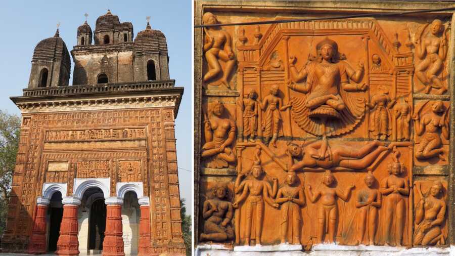 The (left) Navaratna Gopal Lakshmi Janardan Temple of Ghurisha has a (right) large terracotta panel with a figure of Tripurasundari 