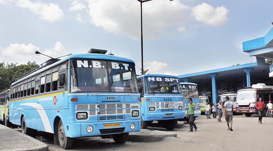 Private buses parked at the Tenzing Norgay Central Bus Terminus in Siliguri. 