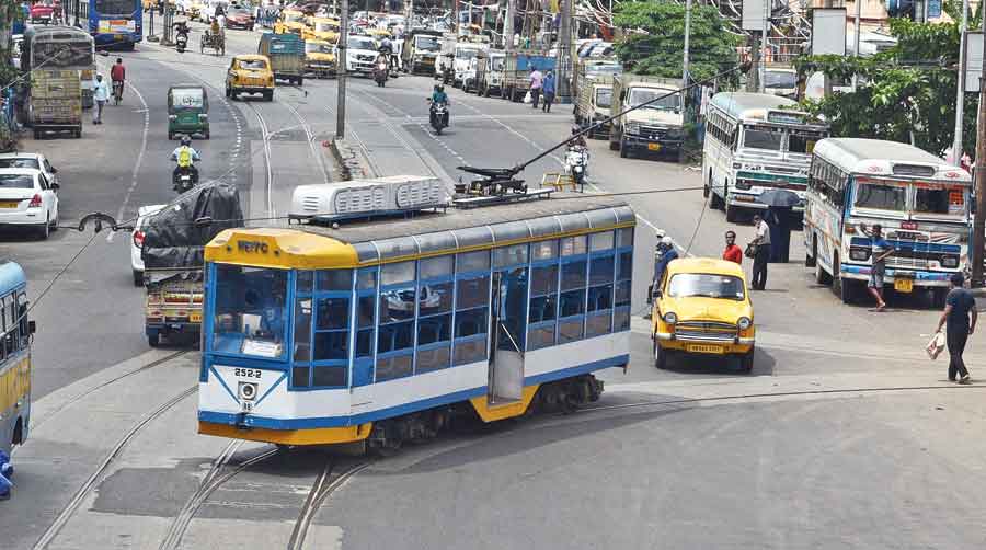 Public transport on a city road. 