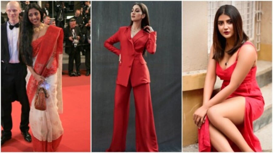 Paoli in a red and white Dhakai at Cannes, Rukmini in a Luisaviaroma pantsuit and Parno in a red party number