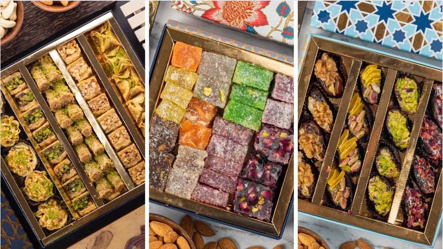 (L-R) Assorted Baklava Box, Assorted Turkish Delight and Assorted Flavoured Medjool Dates Box