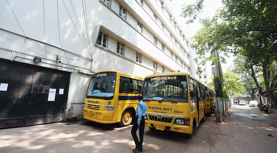 School buses outside the Ashok Hall Girls’ Higher Secondary School campus