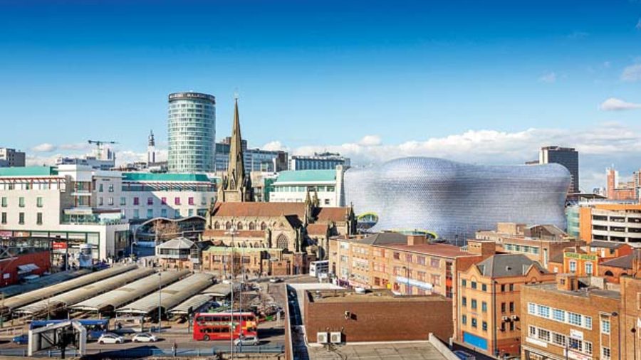 View of the Birmingham skyline including the church of St Martin, the Bullring shopping centre and the outdoor market