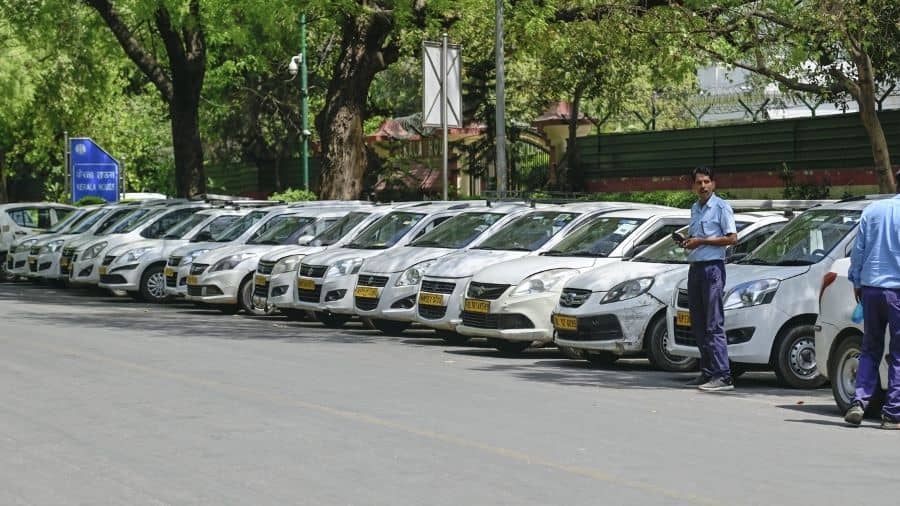 Cab drivers park their cars during a protest, at Jantar Mantar, in New Delhi on Friday.